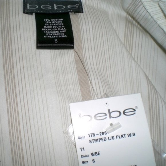 BEBE beige white stripe long sleeve button up shirt top NWT mod 70s vibe S - Picture 6 of 6